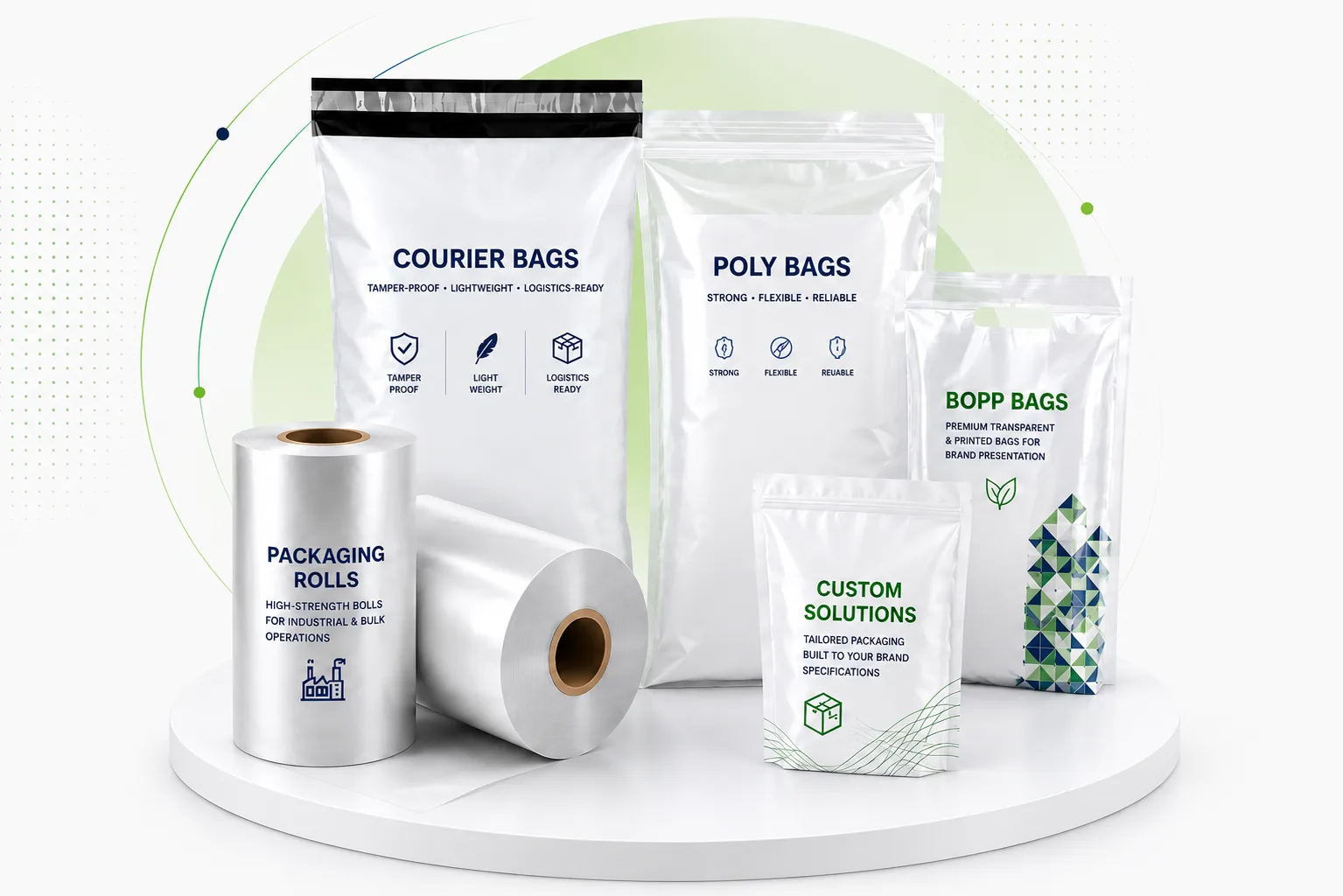 Bala Pritam Enterprises product range — courier bags, poly bags, BOPP bags, packaging rolls and industrial packaging